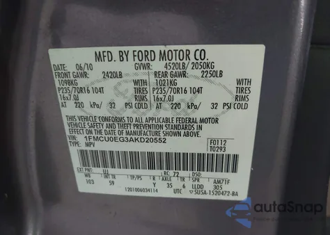 2010 Ford Escape Limited из США, поврежденный, VIN 1FMCU0EG3AKD20552